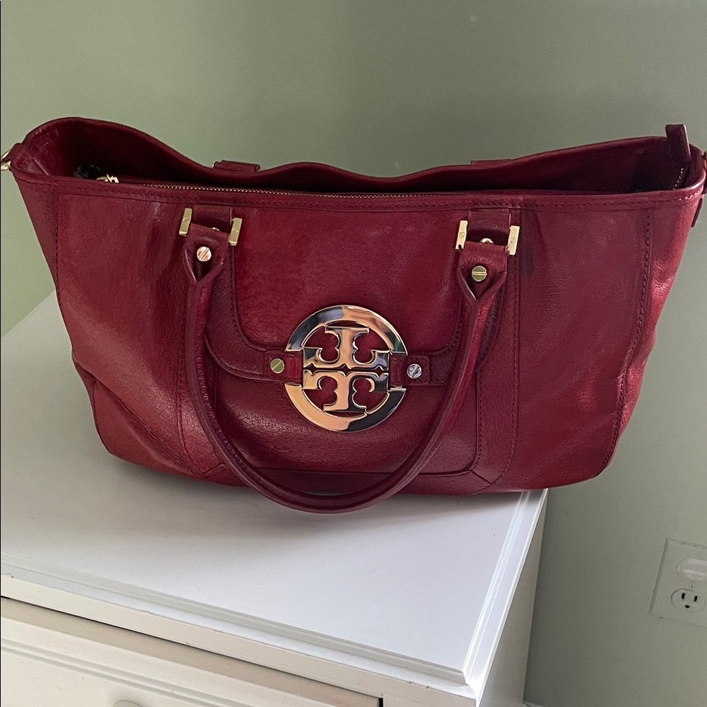 Tory Burch Cherry Leather Tote with Chain Strap